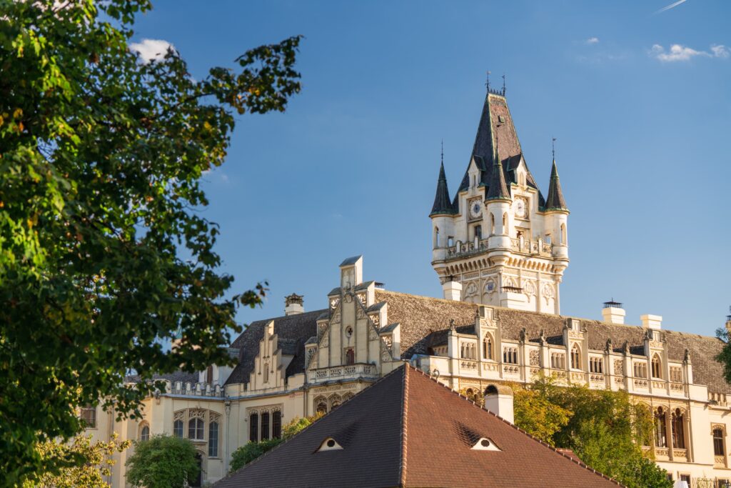 Grafenegg Castle tower with blue sky on a warm summers day