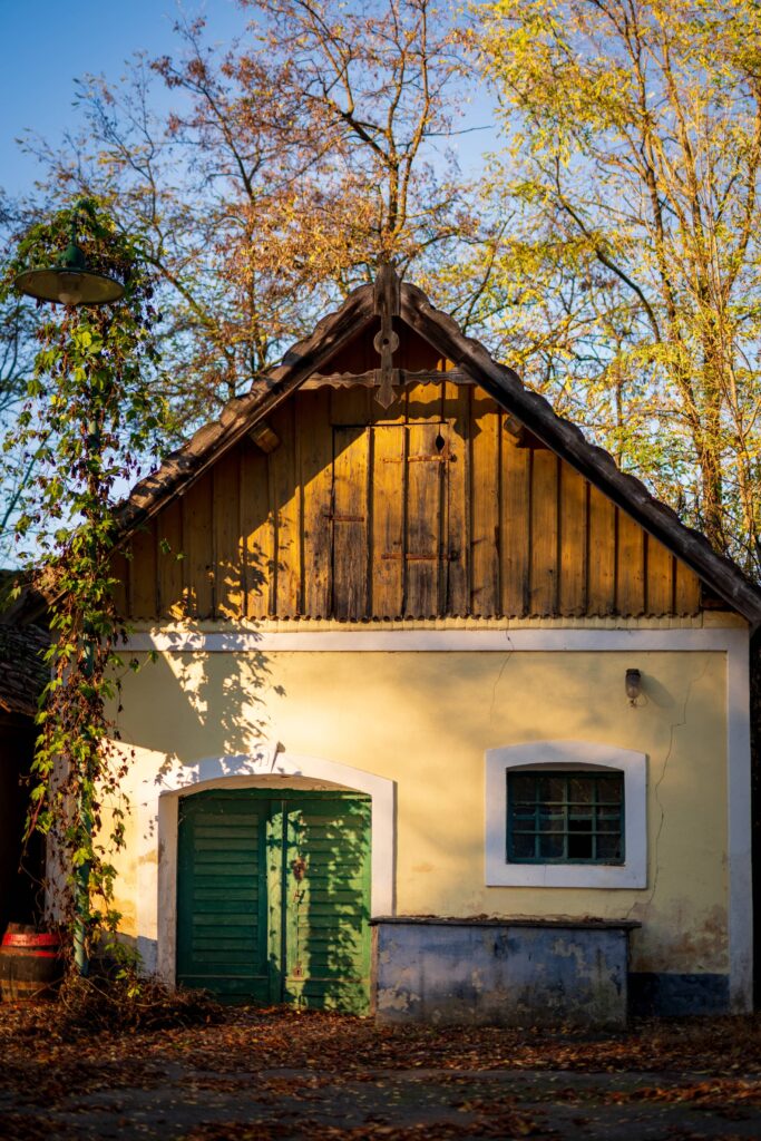 Yellow wine cellar building with decorative wooden roof in Zellerndorf (Maulavern) Kellergasse