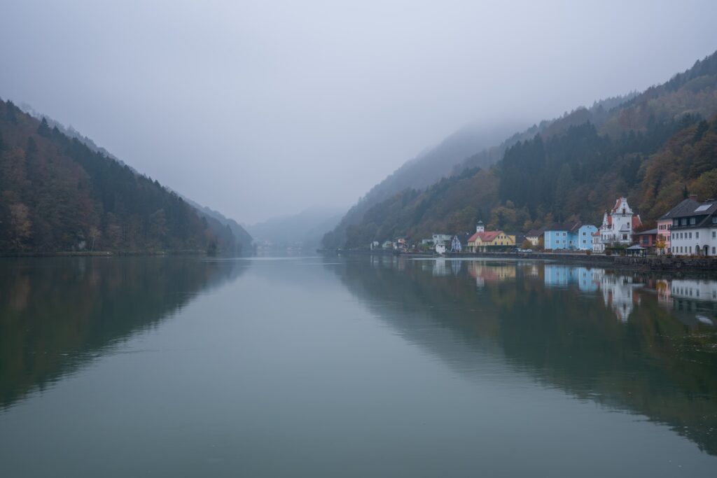 Cute small village of Sarmingstein on the Danube river, on a late autumn overcast day