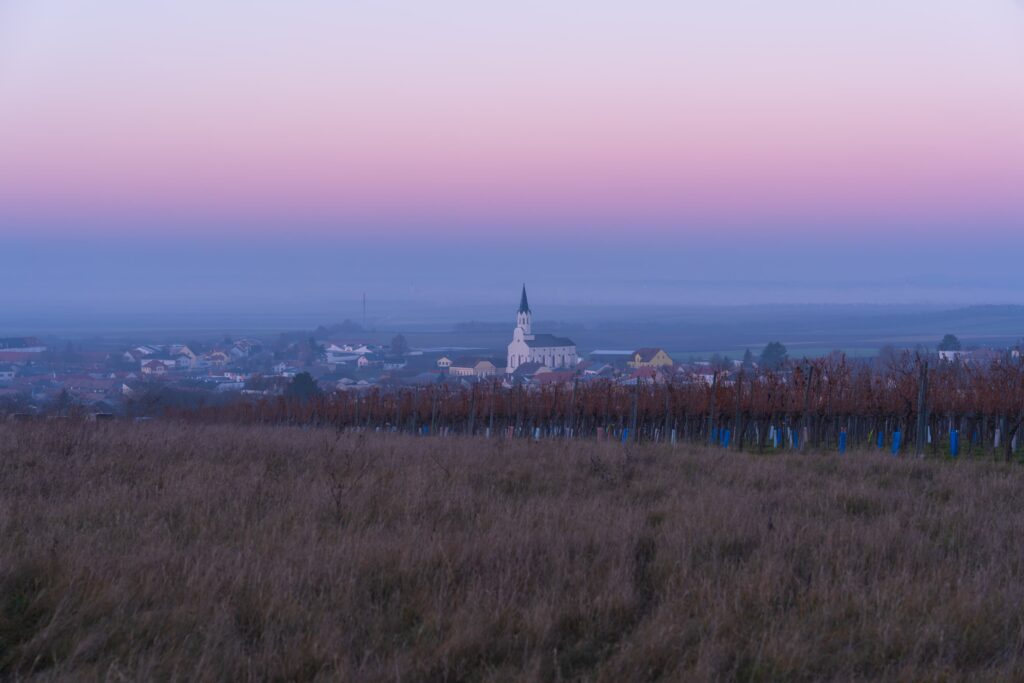 Cold blue and pink winter sunset at Unterstinkenbrunn